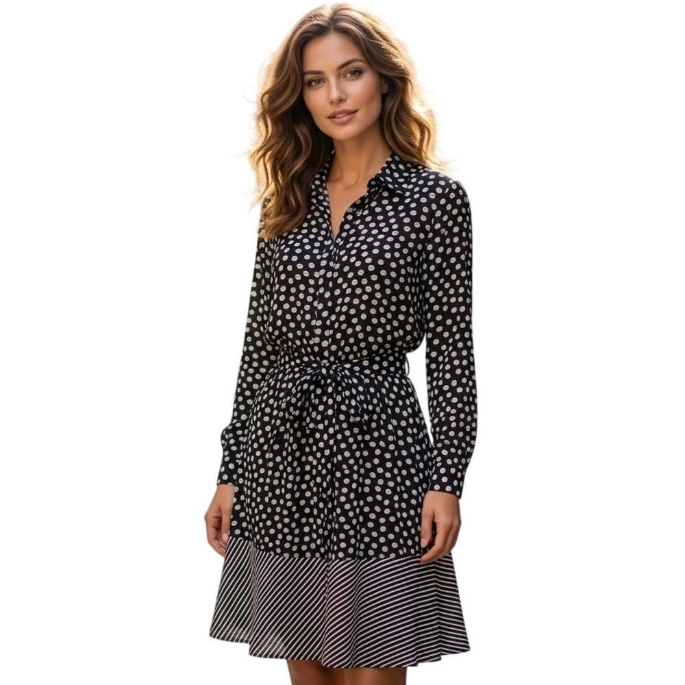 Junarose Polka Dot Striped Dress Womens Size 14 Black White Belted Waist Career
